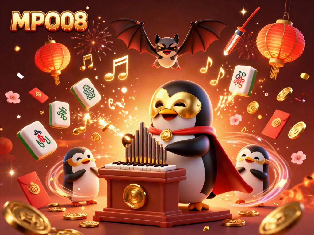 Experience games with MPO08 where a phantom opera penguin plays a treasure-giving organ in a vibrant casino.