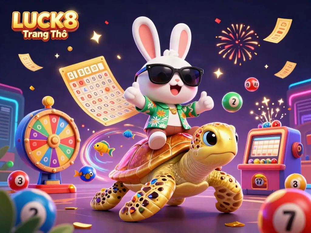 Celebrate winning moments at LUCK8 Trang Chủ with vibrant 3D characters and lively casino elements.