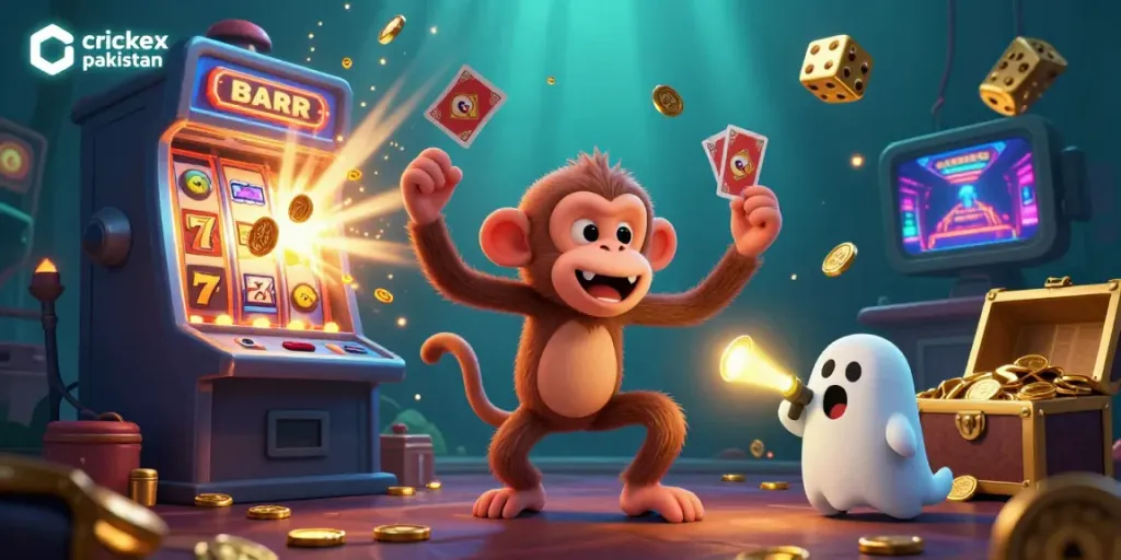 Experience thrilling action with crickex pakistan as a poltergeist monkey juggles casino treasures in a haunted setting.