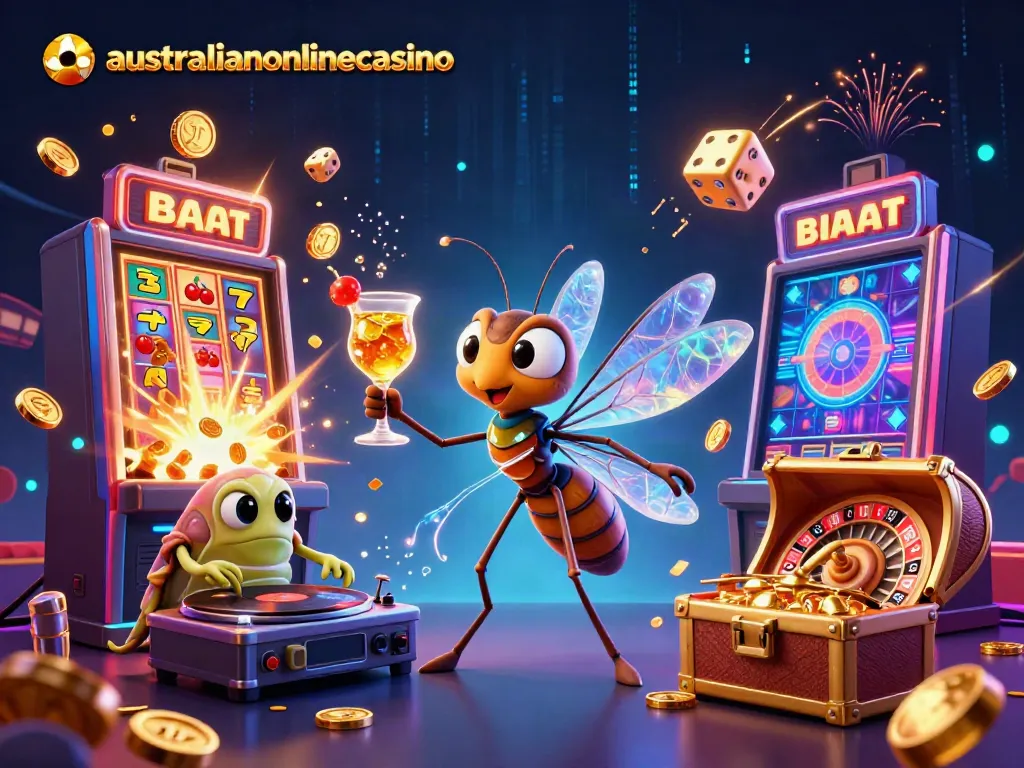 Experience the vibrant energy of australianonlinecasino with a colorful casino scene featuring unique characters and dynamic gaming elements.