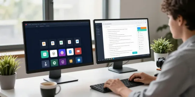 Engaging digital workspace showcasing a site categorization process with diverse website links and vibrant monitors.