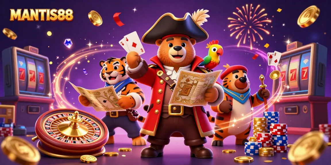 MANTIS88's vibrant 3D illustration features a pirate bear and tiger in a casino with dynamic gaming elements.