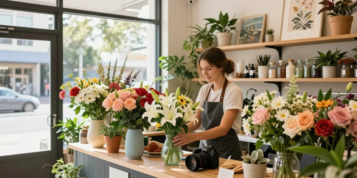 Flower delivery Adelaide florist arranging vibrant bouquets in a charming shop.
