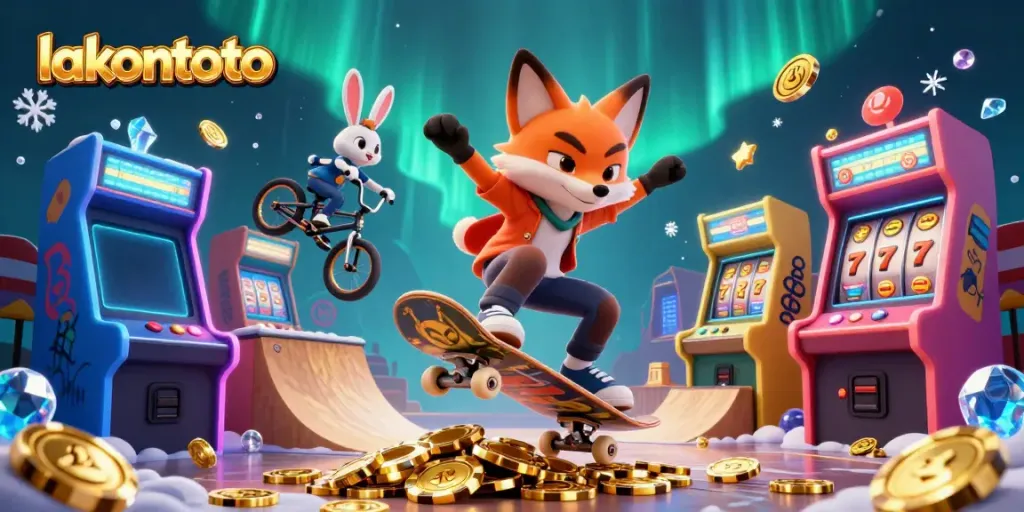 Mainkan lakontoto dengan skateboarder fox yang melompat di atas chip poker emas, simbol kasino menghiasi dinding