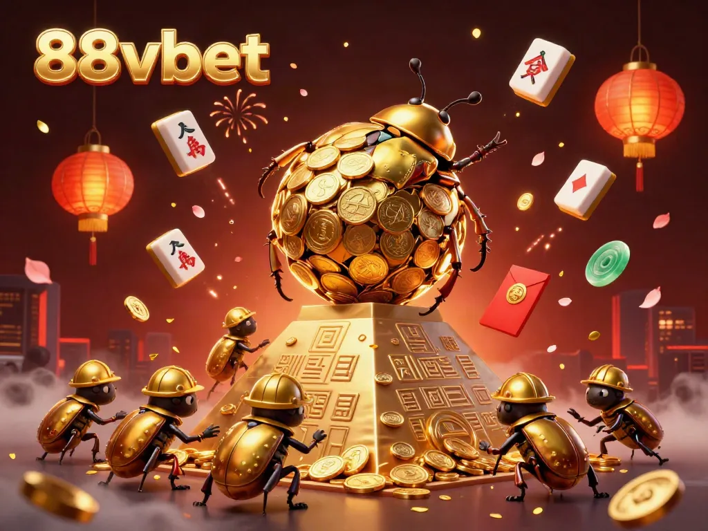 Experience vibrant gaming with 88vbet in a 3D illustration of joyous beetles amidst casino symbols.