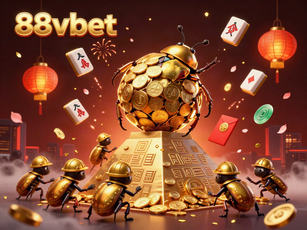 Experience vibrant gaming with 88vbet in a 3D illustration of joyous beetles amidst casino symbols.