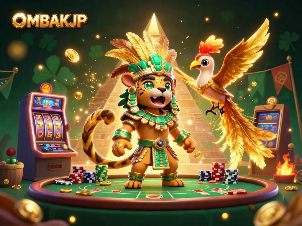 Spin the reels of fortune with OMBAKJP amid a vibrant Mayan-themed casino atmosphere.