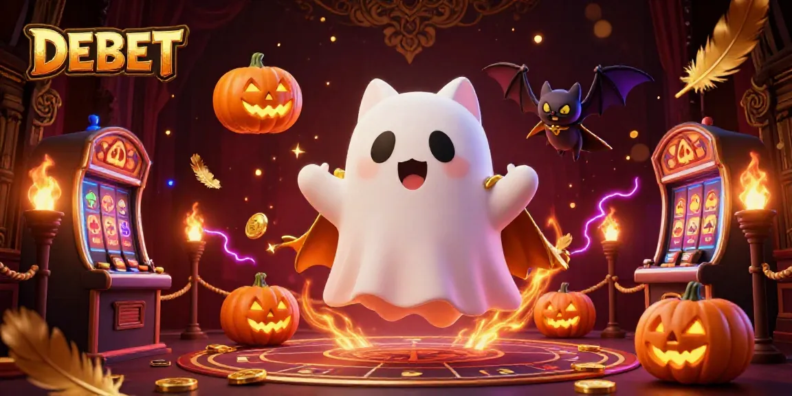 Experience thrilling gaming with DEBET, featuring a ghost cat and vibrant slot machines.
