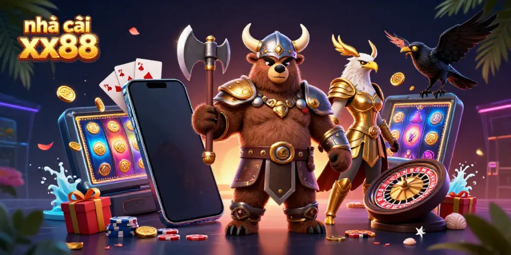 Win at nhà cái xx88 with this vibrant 3D scene featuring a Viking berserker, a Valkyrie eagle, and thrilling slot game elements.