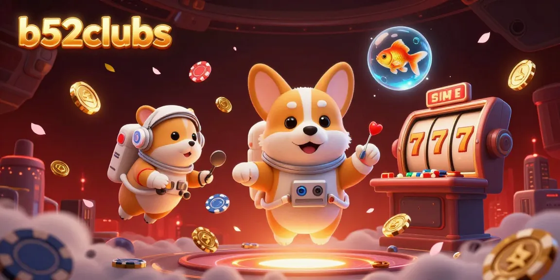 B52clubs casino scene with a 3D astronaut corgi among floating slot reels and coins, a hamster giving orders, and a goldfish observing.