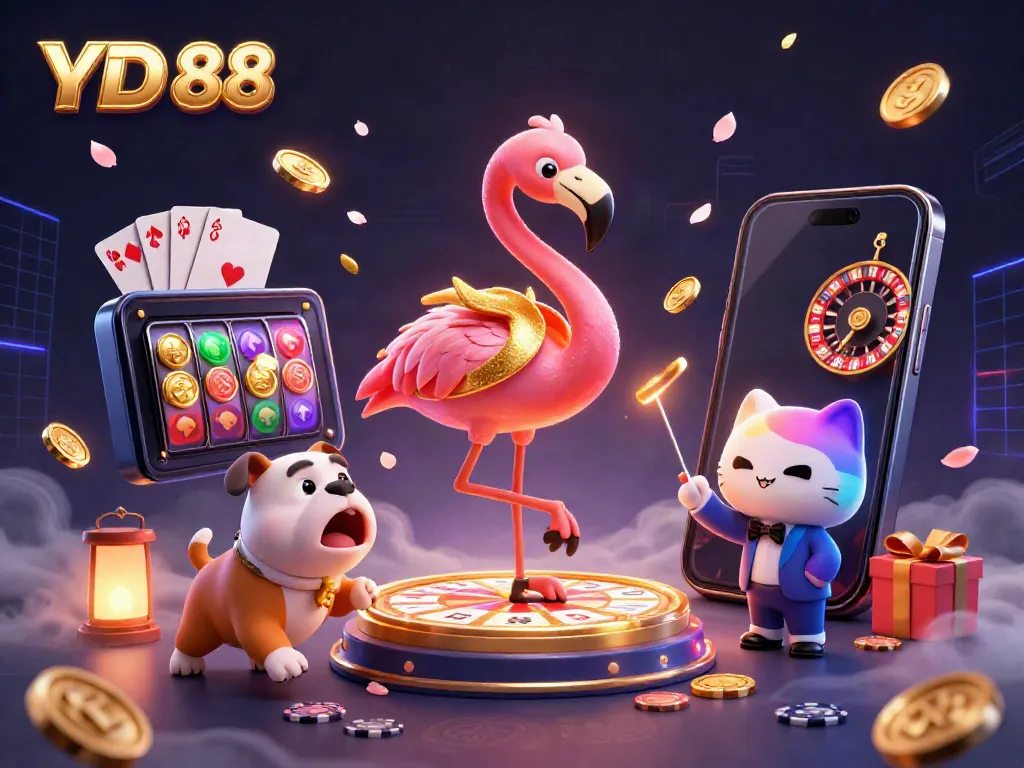 Join the fun at YD 88 as the flamingo host spins the prize wheel among bursting slot games and vibrant casino elements.