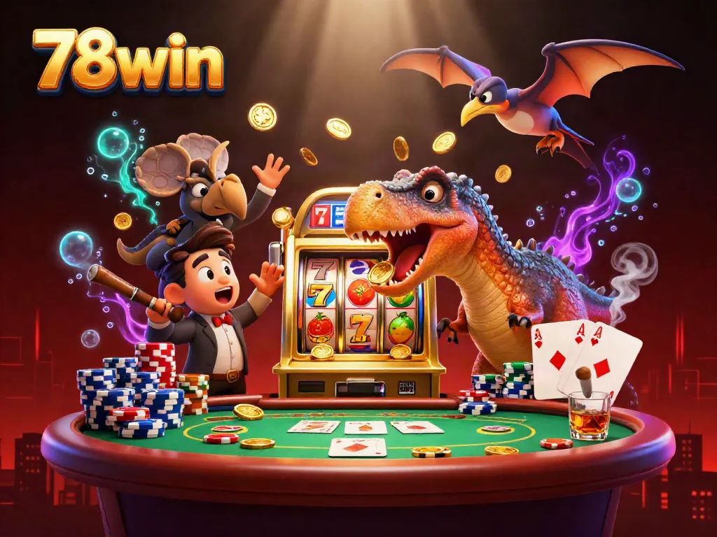 Experience the thrill of 78win with a cartoon pachycephalosaurus winning jackpots at a vibrant casino scene.