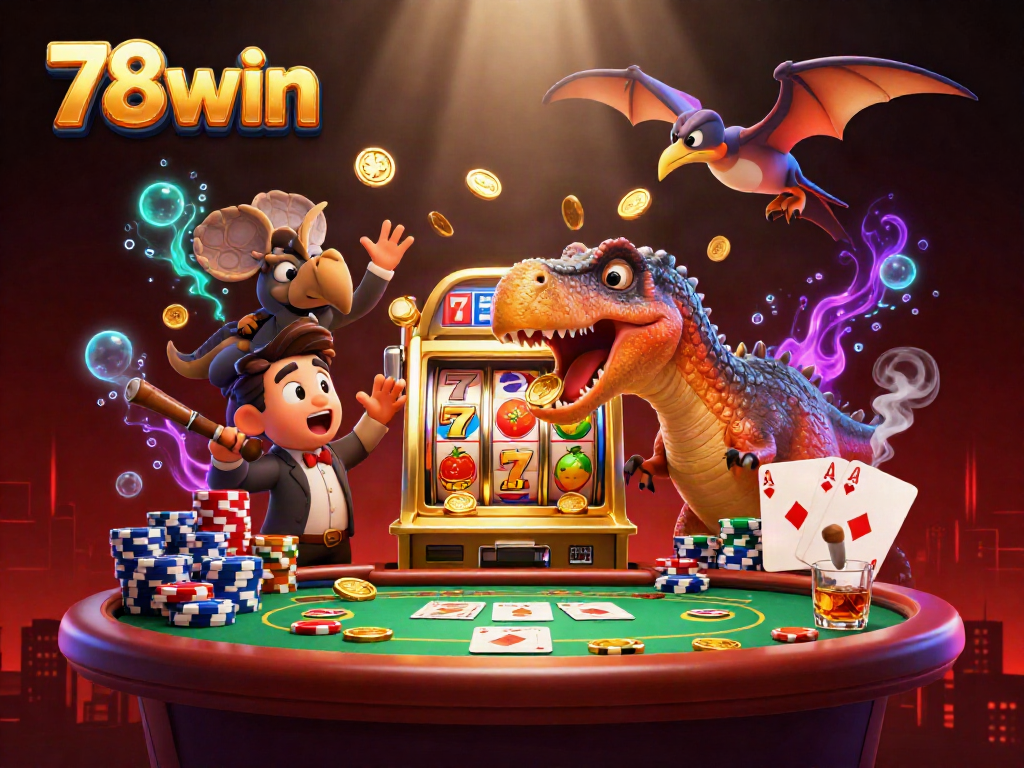 Experience the thrill of 78win with a cartoon pachycephalosaurus winning jackpots at a vibrant casino scene.