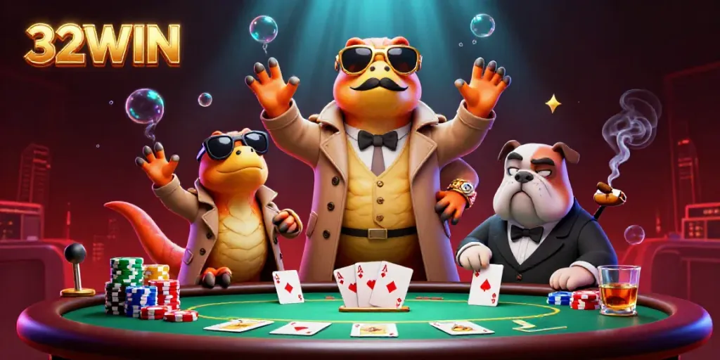 Experience high-stakes fun with 32WIN as cartoon raptors and a bulldog bouncer bring a lively casino scene to life.