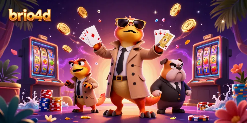 Experience brio4d's thrilling casino scene with cartoon raptors, playing cards, and vibrant slot reels.