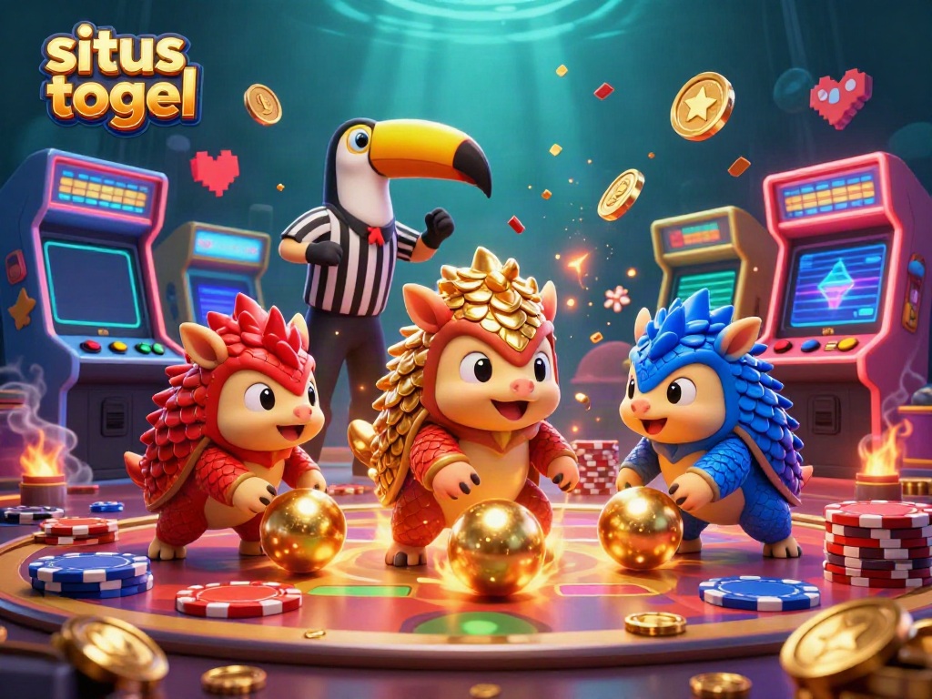 Experience thrilling situs togel action with rival pangolins bowling golden balls in a vibrant casino scene.