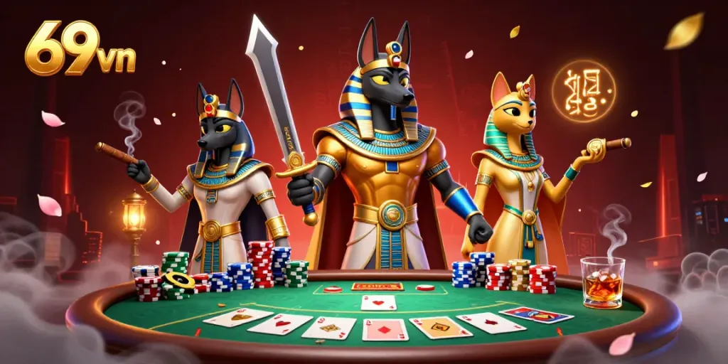 Engage in thrilling gameplay at 69 vn with Anubis and Bastet over poker, showcasing rich casino elements.