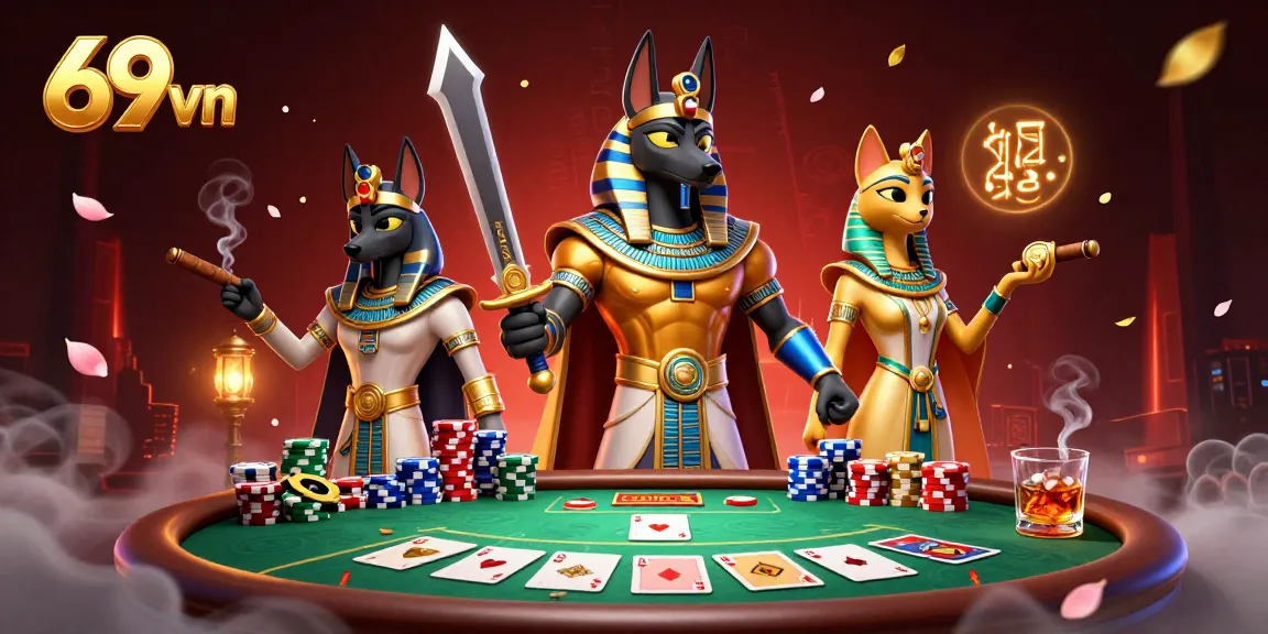 Engage in thrilling gameplay at 69 vn with Anubis and Bastet over poker, showcasing rich casino elements.