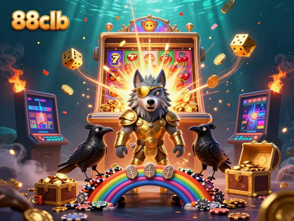 Experience the thrilling casino world of 88clb with Odin and magical symbols exploding from a slot machine.
