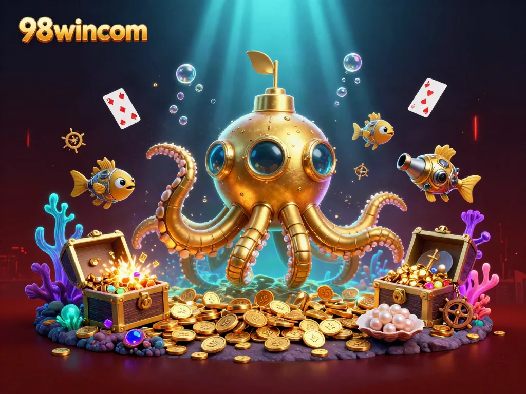 Engage in thrilling gameplay with 98wincom's vibrant underwater scene featuring a golden kraken submarine.