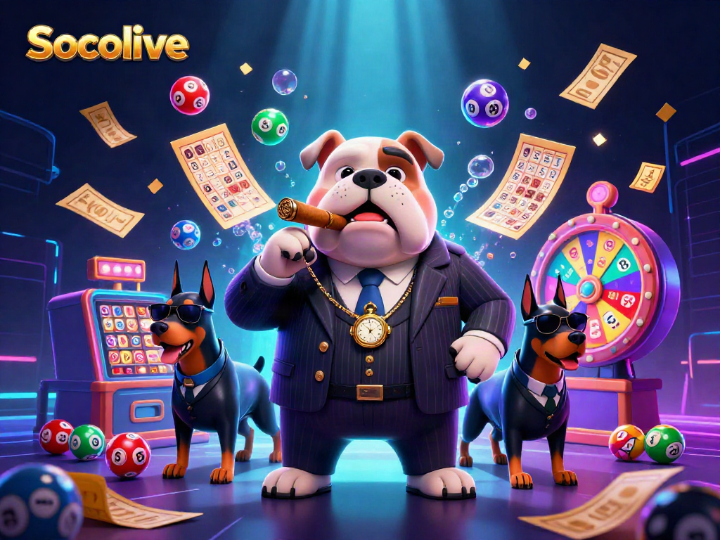 Socolive presents a vibrant 3D illustration capturing a mafia-themed casino atmosphere with a bulldog and Dobermans.