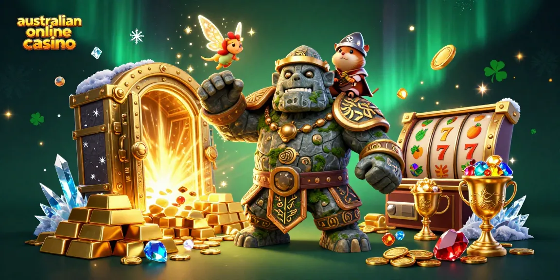 Engage with vibrant characters in an australian online casino scene, featuring a golem and enchanting gems.
