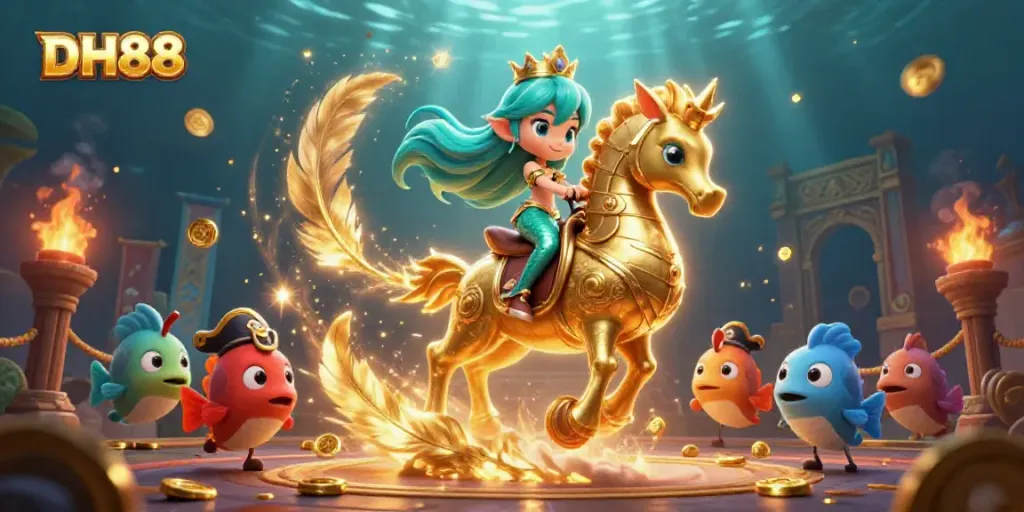 Experience the thrill of DH88 with a vibrant underwater casino scene featuring a mermaid princess and her seahorse companion.
