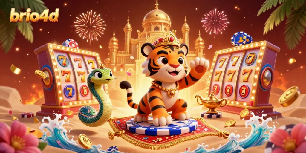 Experience thrilling gameplay with brio4d in this vibrant 3D slots scene featuring a tiger sultan and exciting game elements.