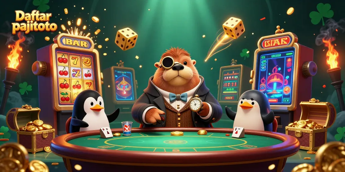 Engage in vibrant casino action with Daftar pajitoto featuring a walrus poker player and dynamic game elements.