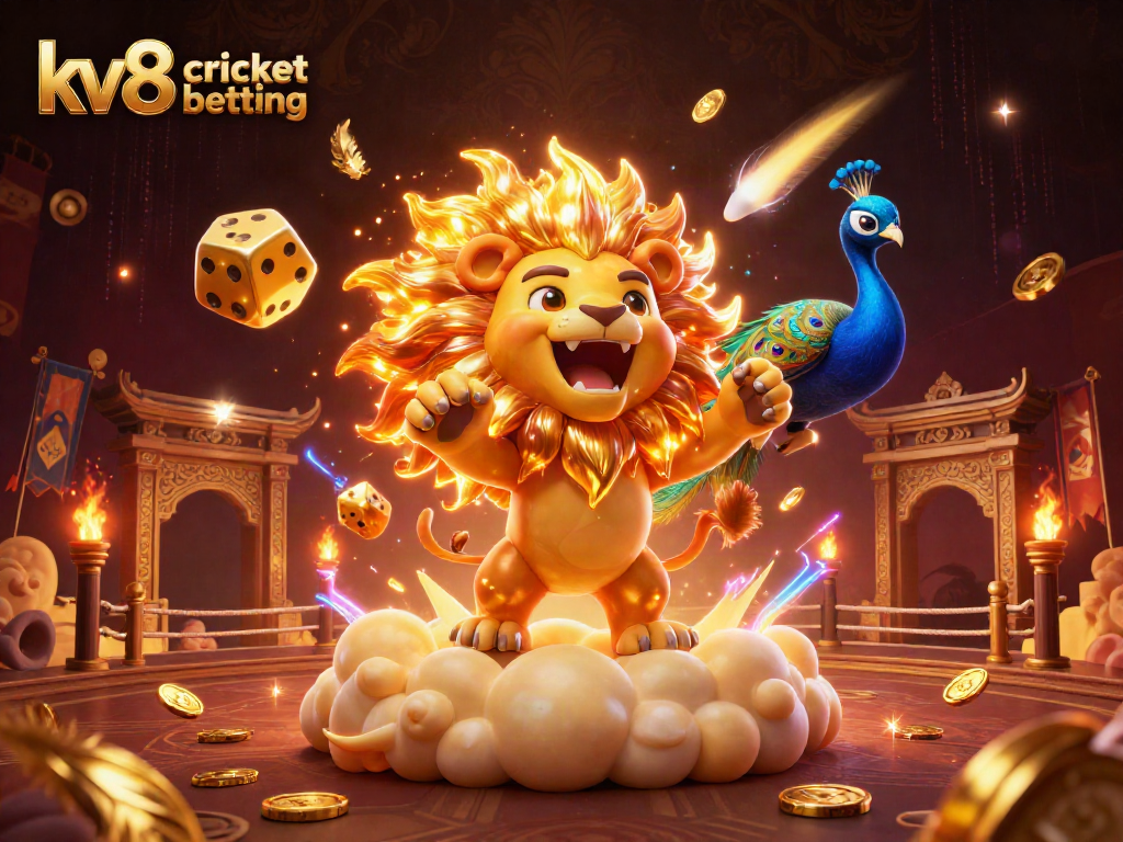 Experience kv8 cricket betting with vibrant 3D illustration showcasing dynamic game elements and characters.