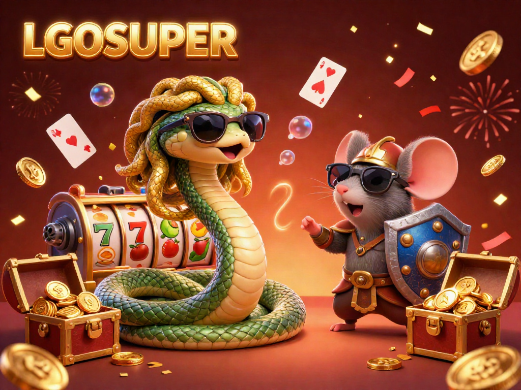 Experience the vibrant atmosphere at LGOSUPER with Medusa and warrior characters amidst slot reels and dynamic gambling elements.