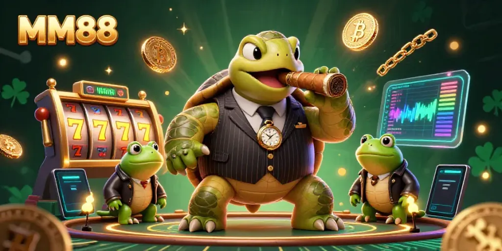 Experience the thrill of MM88 with a dynamic casino scene featuring a turtle mobster and neon elements.