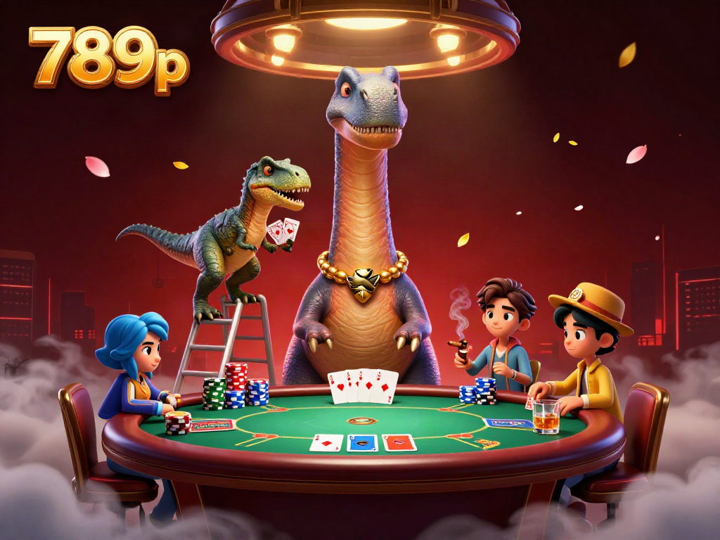 Engage with the vibrant scene of the brontosaurus overseeing a thrilling poker game at 789p casino.