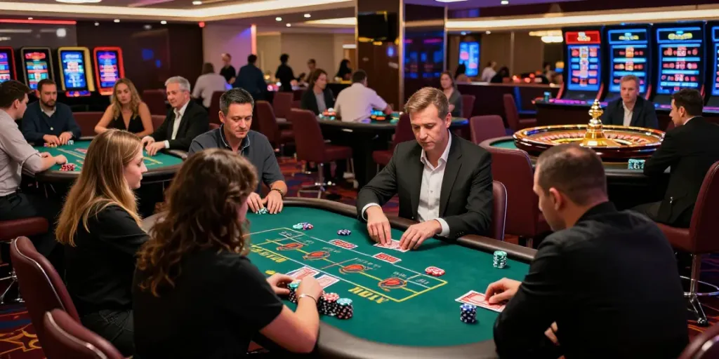 Suasana kasino modern dengan para pemain di meja judi, menciptakan momen menarik dalam bermain deltabet.