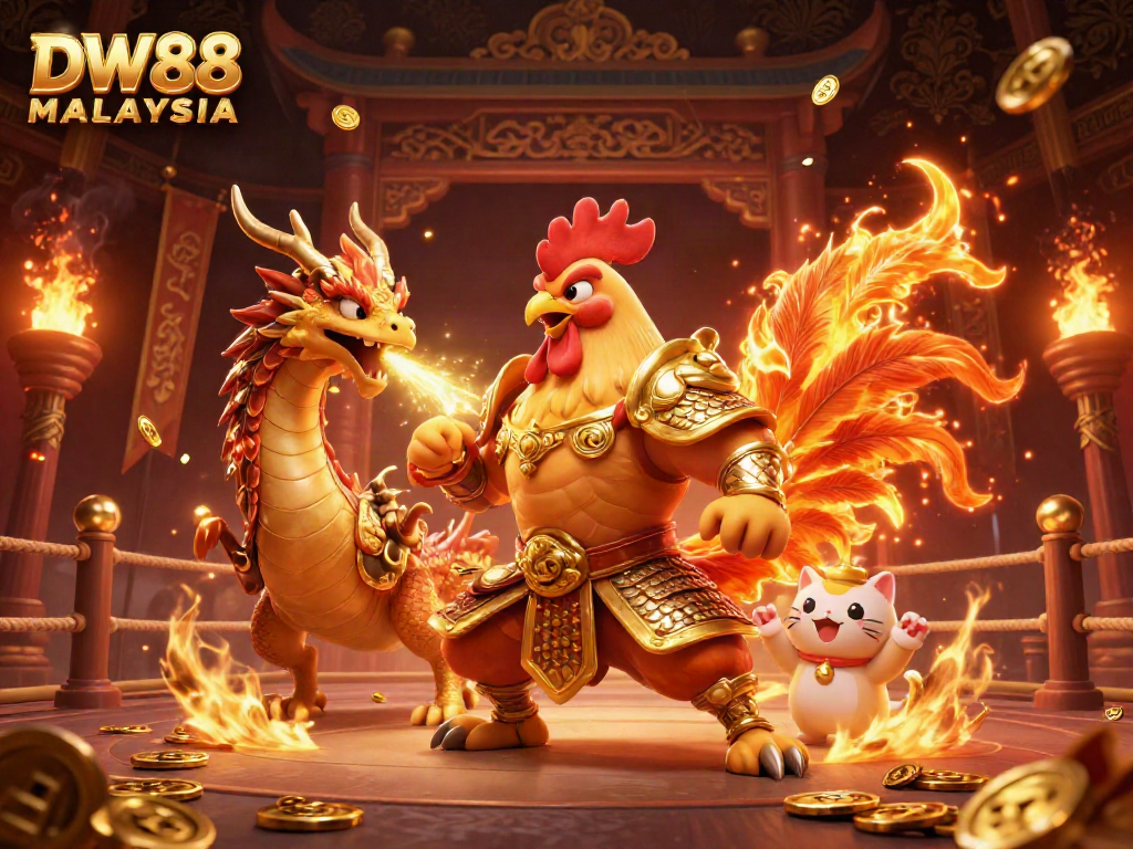Witness the excitement of DW88 MALAYSIA with fierce characters in a dynamic casino scene, celebrating jackpots.