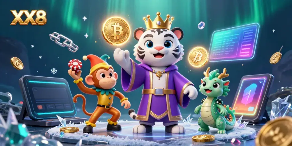 Engage in the vibrant casino world with XX8, featuring a royal tiger, playful monkey, and crypto coins.
