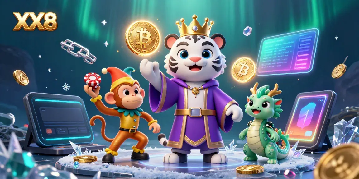 Engage in the vibrant casino world with XX8, featuring a royal tiger, playful monkey, and crypto coins.