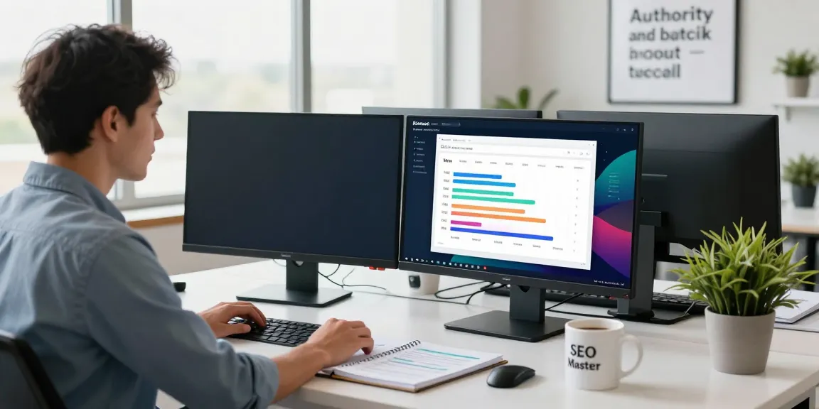 SEO analyst implementing Tier 2 Tier 3 backlinks strategy in a vibrant digital marketing office.