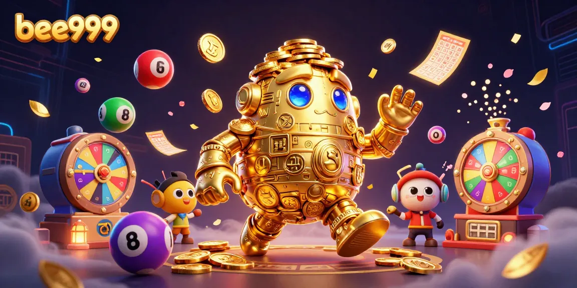 Engage with bee999 in a vibrant gaming scene filled with golden golems and lottery elements.