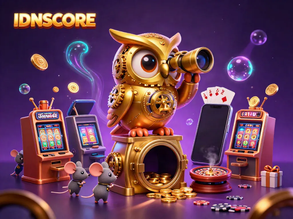 IDNSCORE showcases vibrant gameplay with a 3D golden owl and slot machines in a lively casino