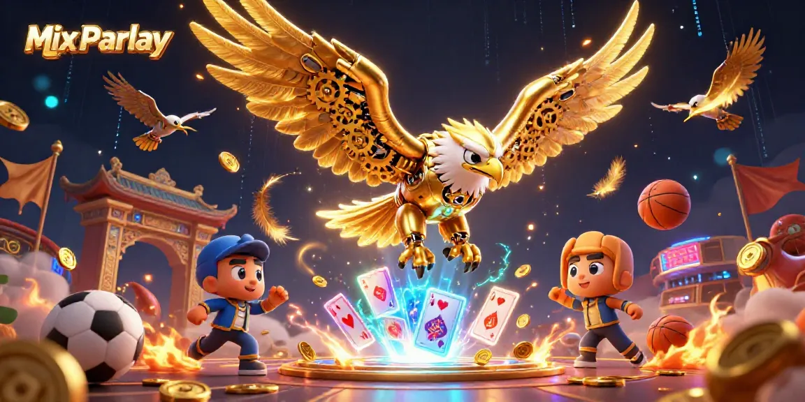 Experience the thrill of Mix Parlay betting with dynamic 3D art featuring vibrant flying cards and an epic eagle.