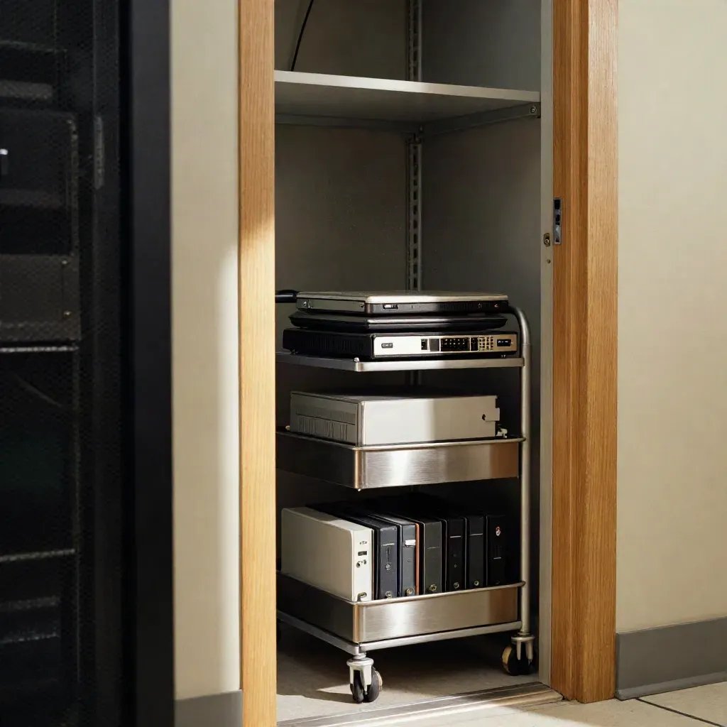 Audit cart with old laptops and drive cases paused in a server closet lit by soft daylight.