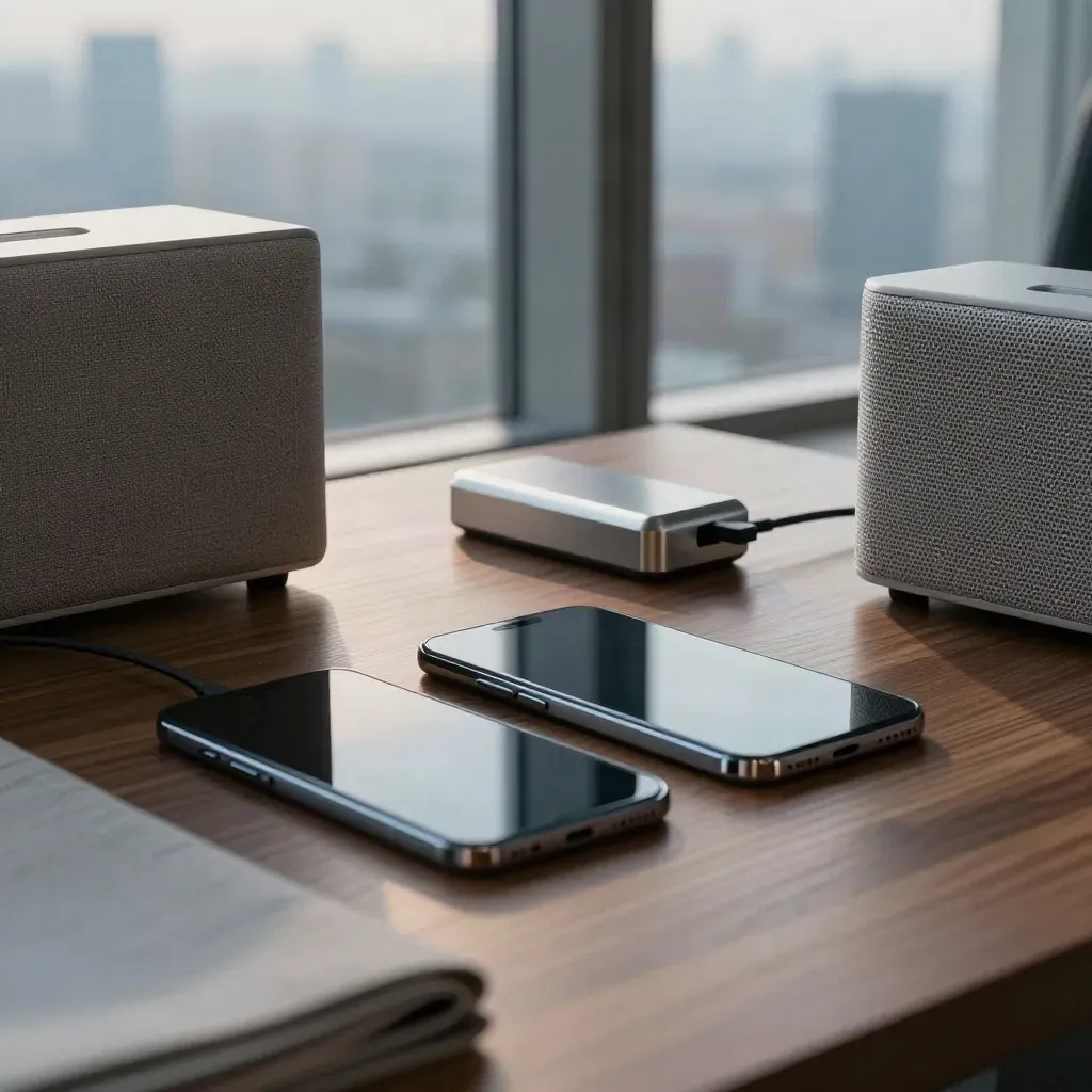After-hours law firm side room with secure chat setup on a walnut table at blue hour.
