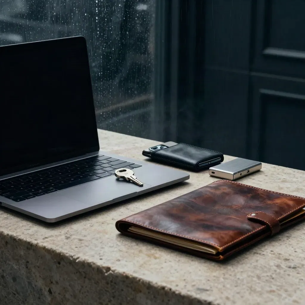Encrypted laptop, security key, Faraday pouch and drive on a stone plinth by a rain-dark window.