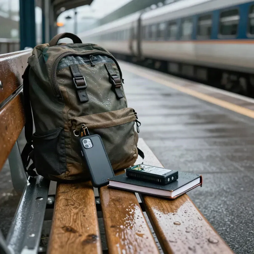 Rain-speckled train bench with a reporter’s backpack, phone, battery pack and notebook.