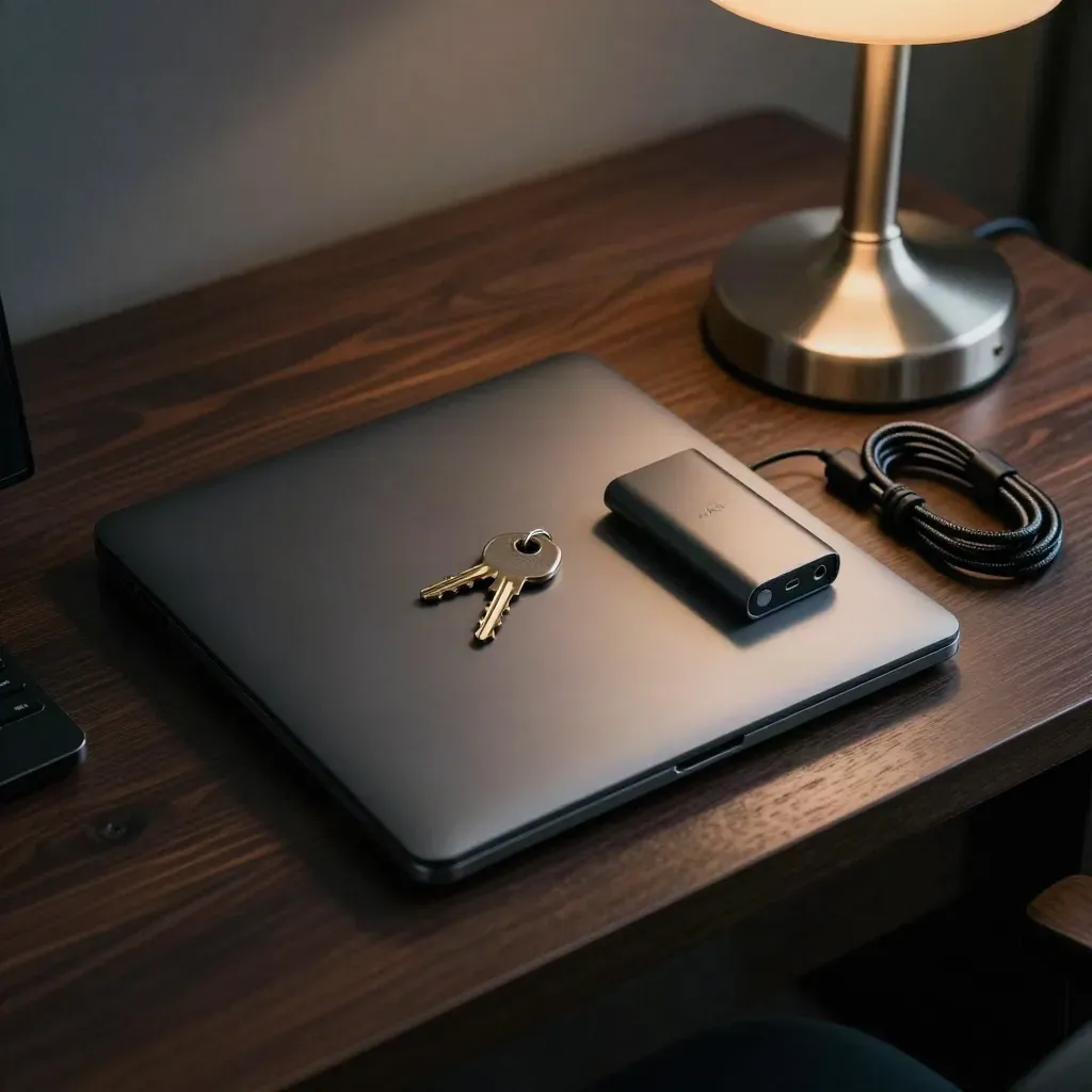 Closed laptop, backup drive, security key, and lamp on a dark desk with a warm glow.