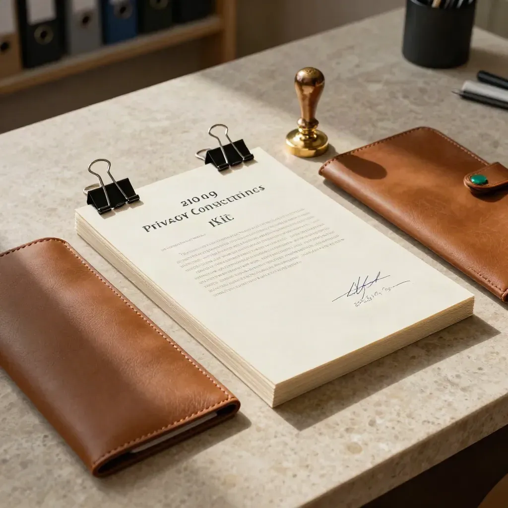 Cream NDA papers, brass seal stamp, black clips and leather sleeve on a pale stone table.