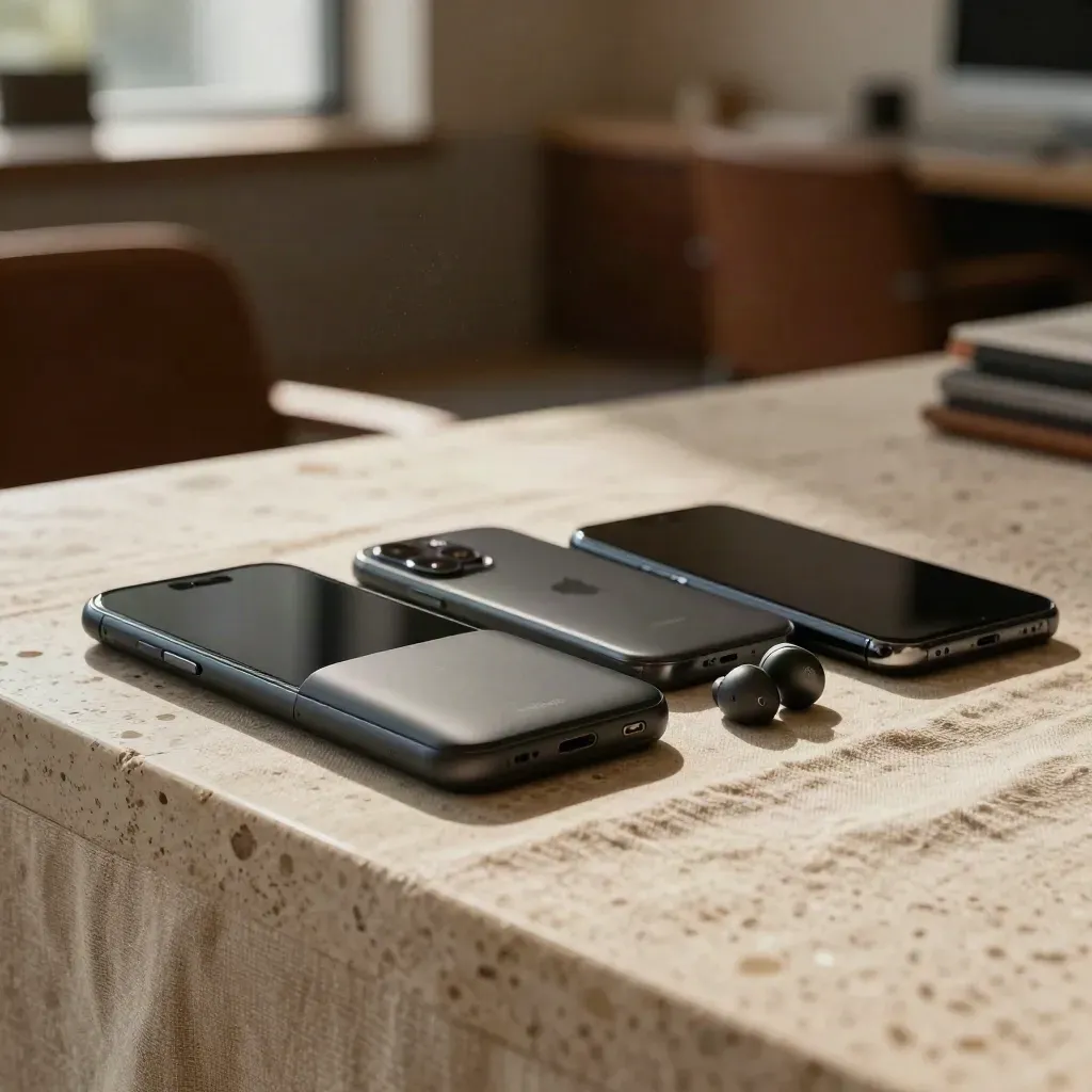 Three smartphones, an encrypted messenger device, and earbuds on a linen runner in warm lounge light.