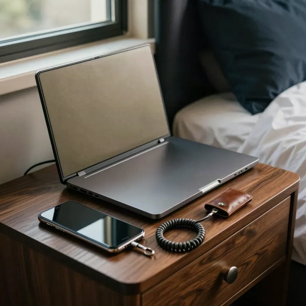 Laptop, locked phones and cable lock on a hotel nightstand by a dark window