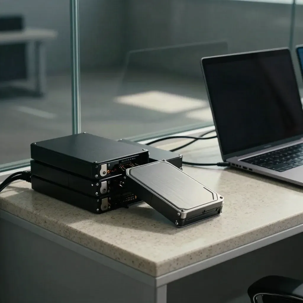 High-angle ops room still life with backup drives, turned-away laptops, and a dark glass wall.
